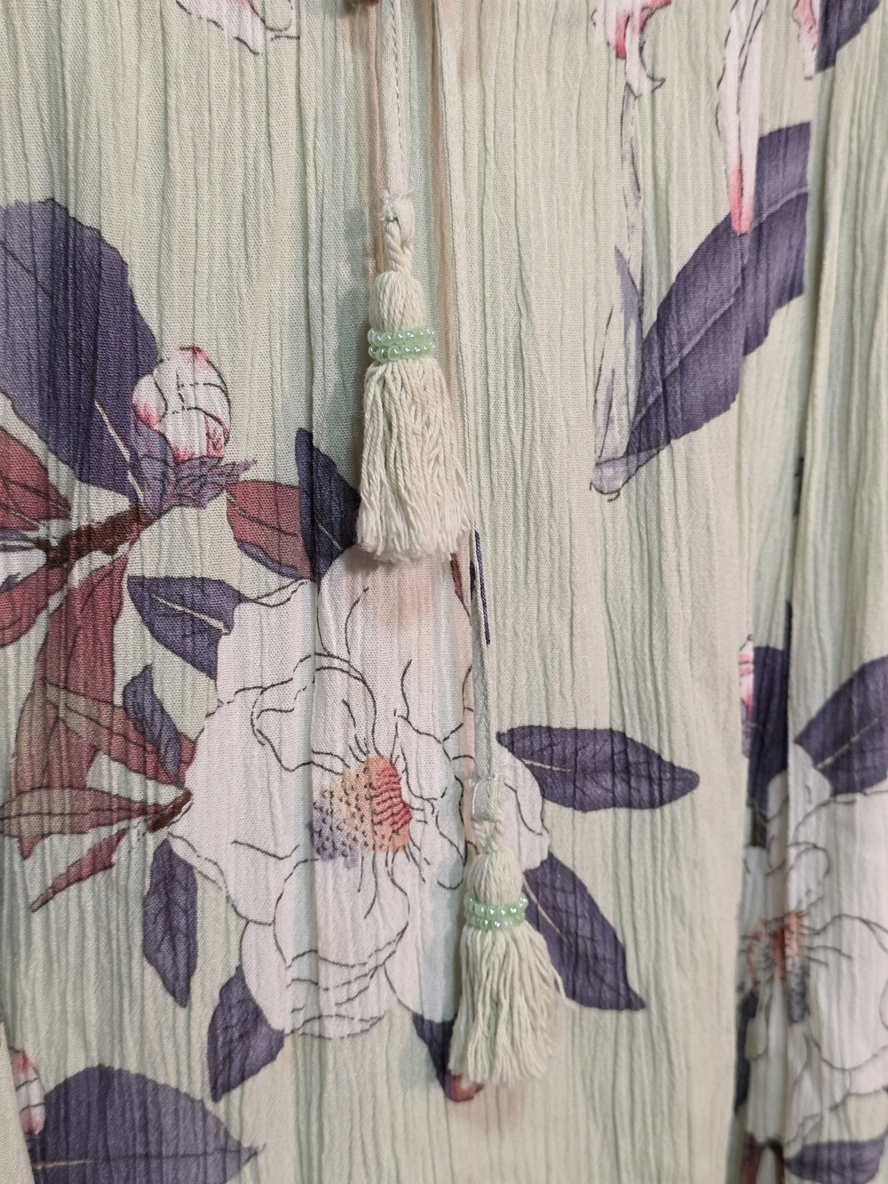 Harlow Floral Boho Tunic Dress | Sage Green | Lace Trim & Tassel Ties | Size XS - Picture 4 of 5